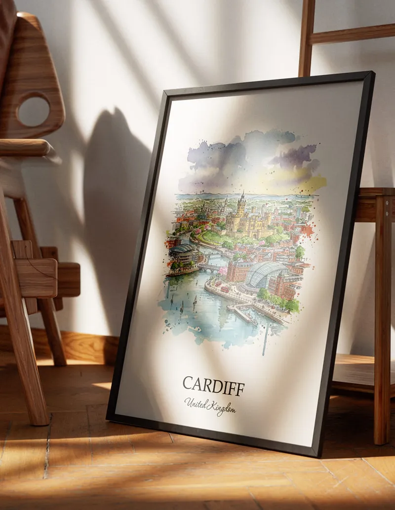 Minimalist poster of Cardiff city in United Kingdom in a light frame standing on the floor in a dark moody interior.