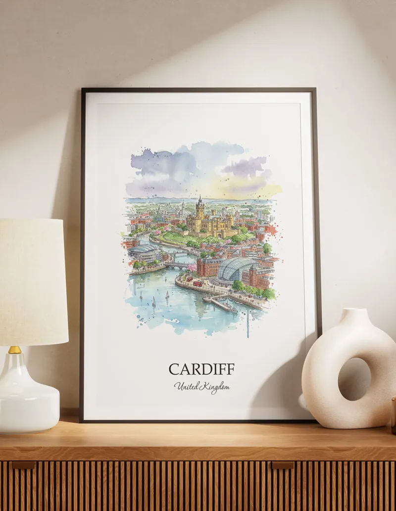 A lovely interior preview showcasing a vintage-vibe travel poster design of the scenic Cardiff city.