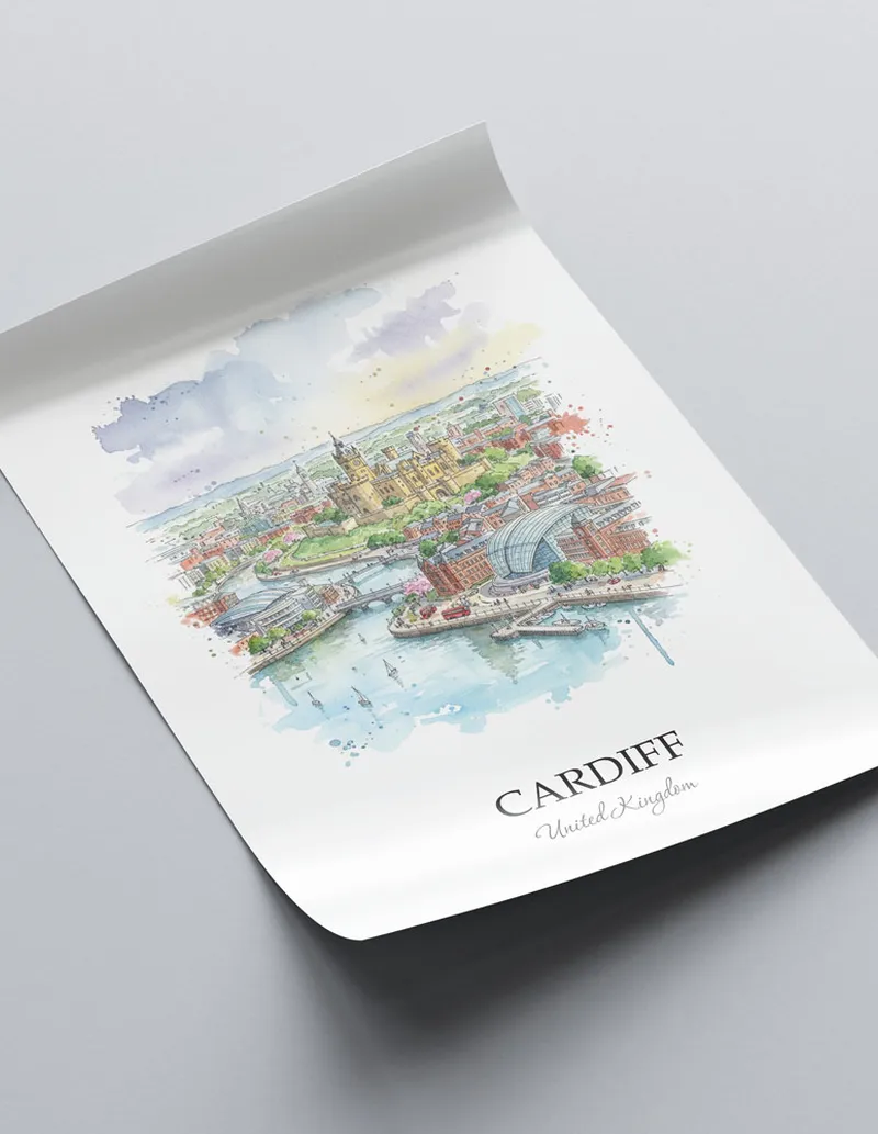 A close-up of a high-quality paper print featuring the Cardiff city minimalist design.