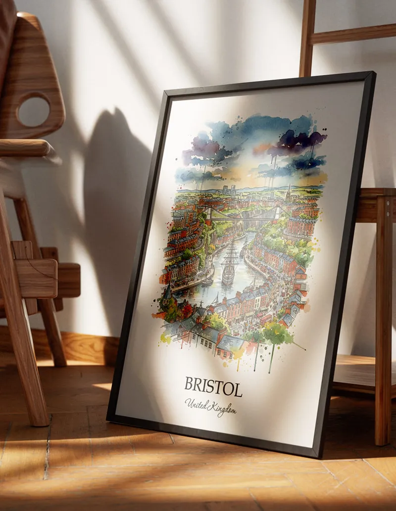 Minimalist poster of Bristol city in United Kingdom in a light frame standing on the floor in a dark moody interior.