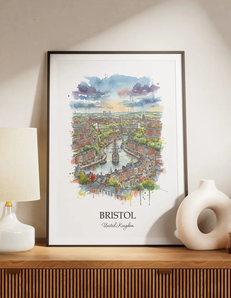 A lovely interior preview showcasing a vintage-vibe travel poster design of the scenic Bristol city.