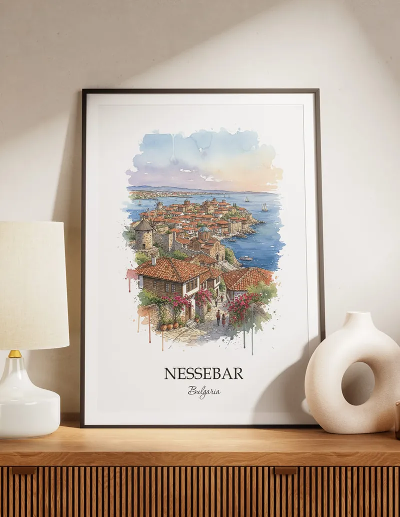 A lovely interior preview showcasing a vintage-vibe travel poster design of the scenic Nessebar city.