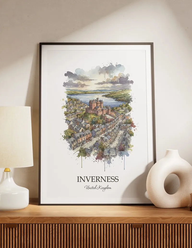 A lovely interior preview showcasing a vintage-vibe travel poster design of the scenic Inverness city.