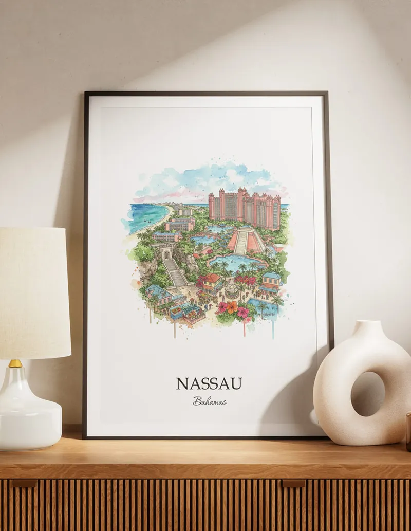 A lovely interior preview showcasing a vintage-vibe travel poster design of the scenic Nassau city.