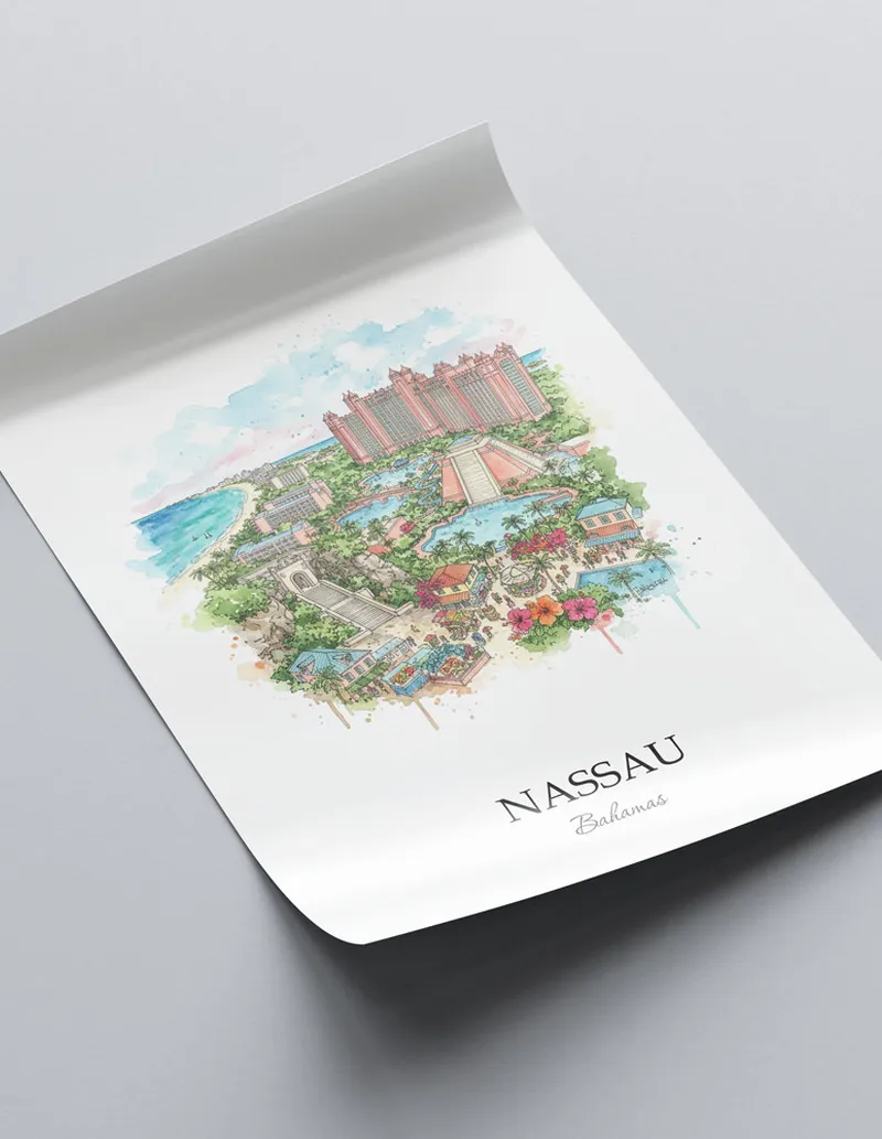 A close-up of a high-quality paper print featuring the Nassau city minimalist design.