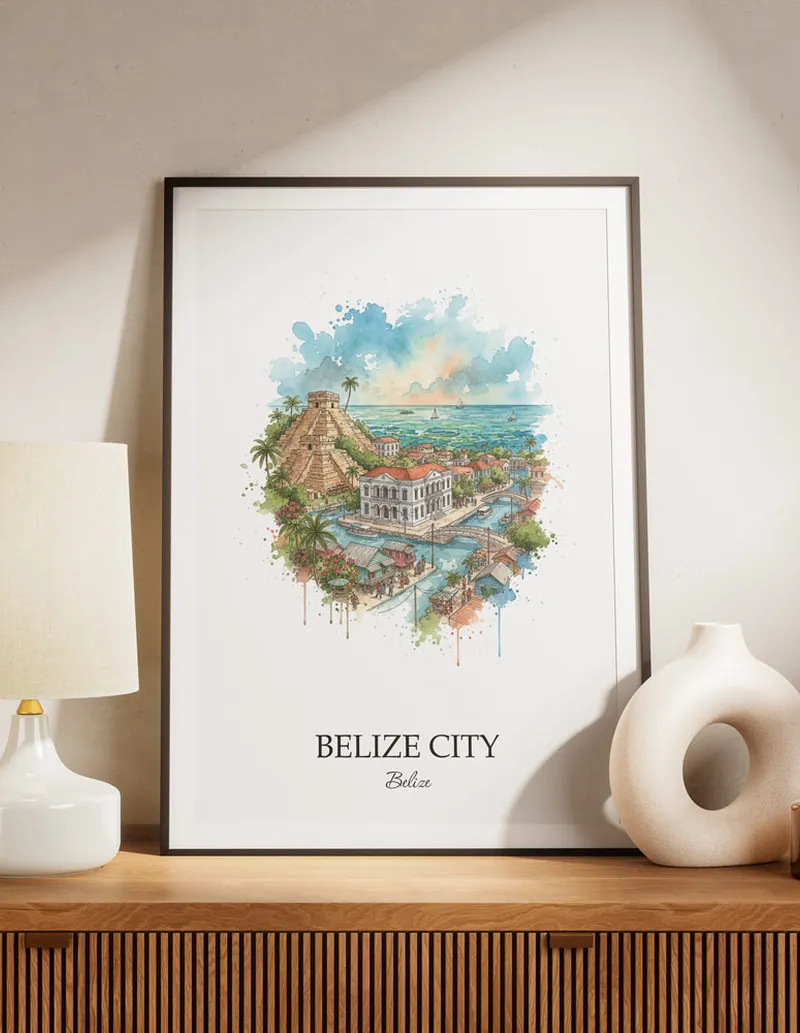 A lovely interior preview showcasing a vintage-vibe travel poster design of the scenic Belize City city.