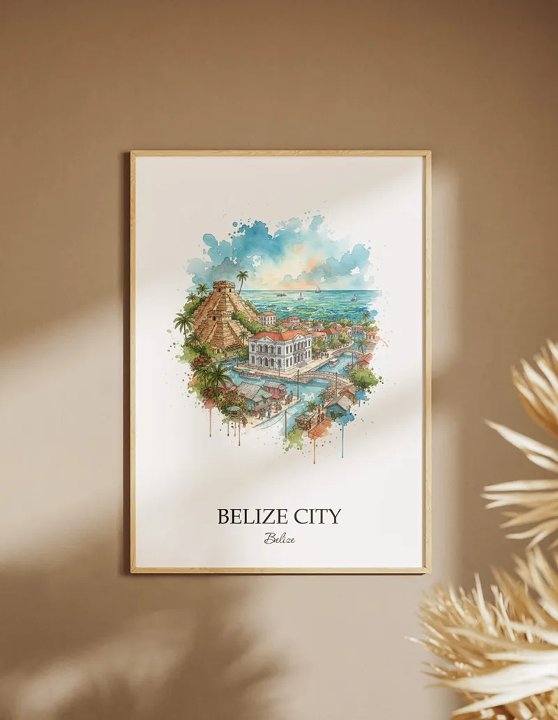 A clean and modern mockup showing a framed Belize City city print on a minimalist background.