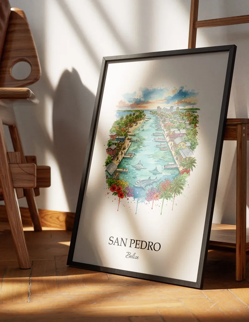 Minimalist poster of San Pedro city in Belize in a light frame standing on the floor in a dark moody interior.
