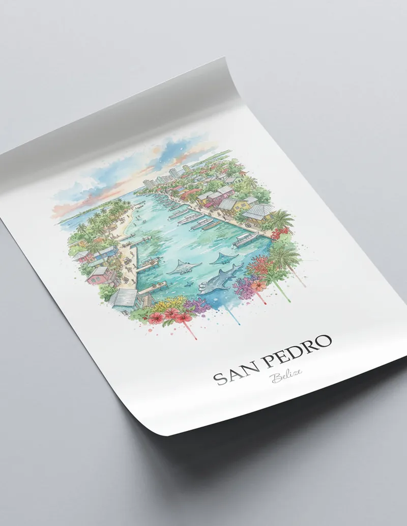 A close-up of a high-quality paper print featuring the San Pedro city minimalist design.