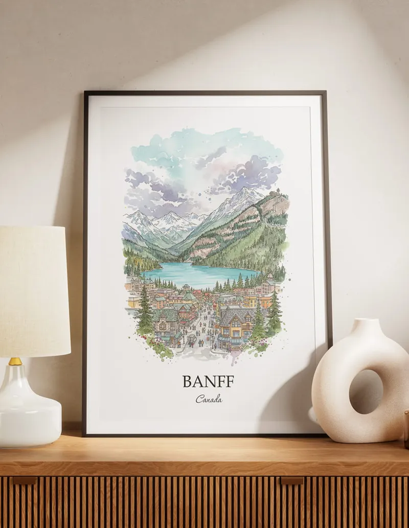 A lovely interior preview showcasing a vintage-vibe travel poster design of the scenic Banff city.