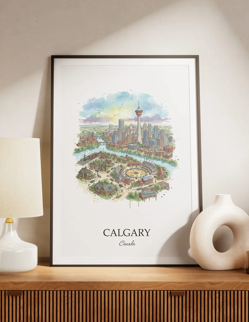 A lovely interior preview showcasing a vintage-vibe travel poster design of the scenic Calgary city.
