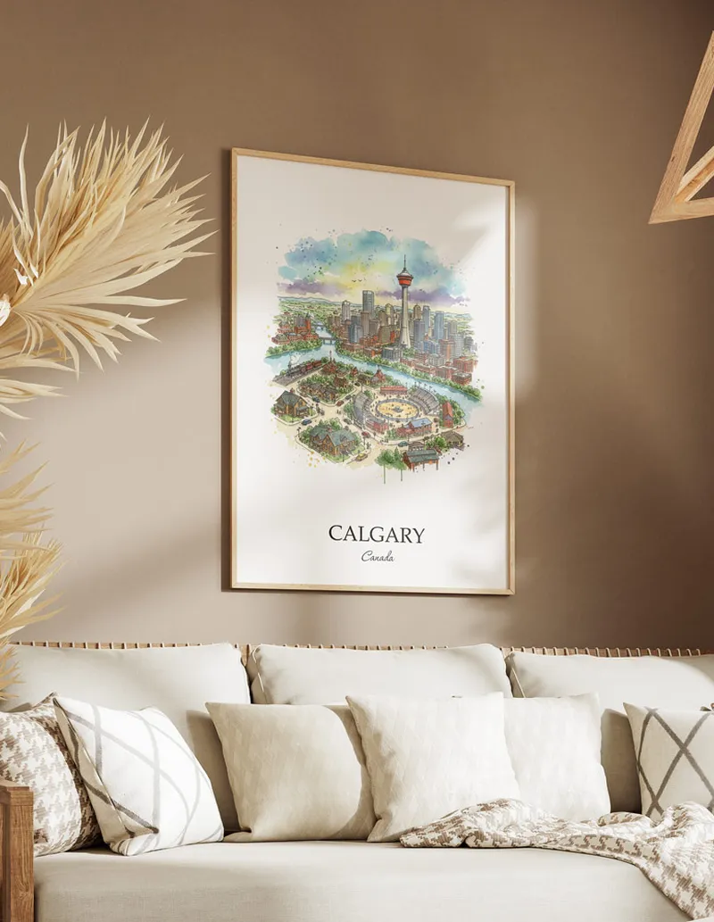Vintage travel poster of Calgary city, Canada in a light frame displayed above a sofa in a bright boho interior.