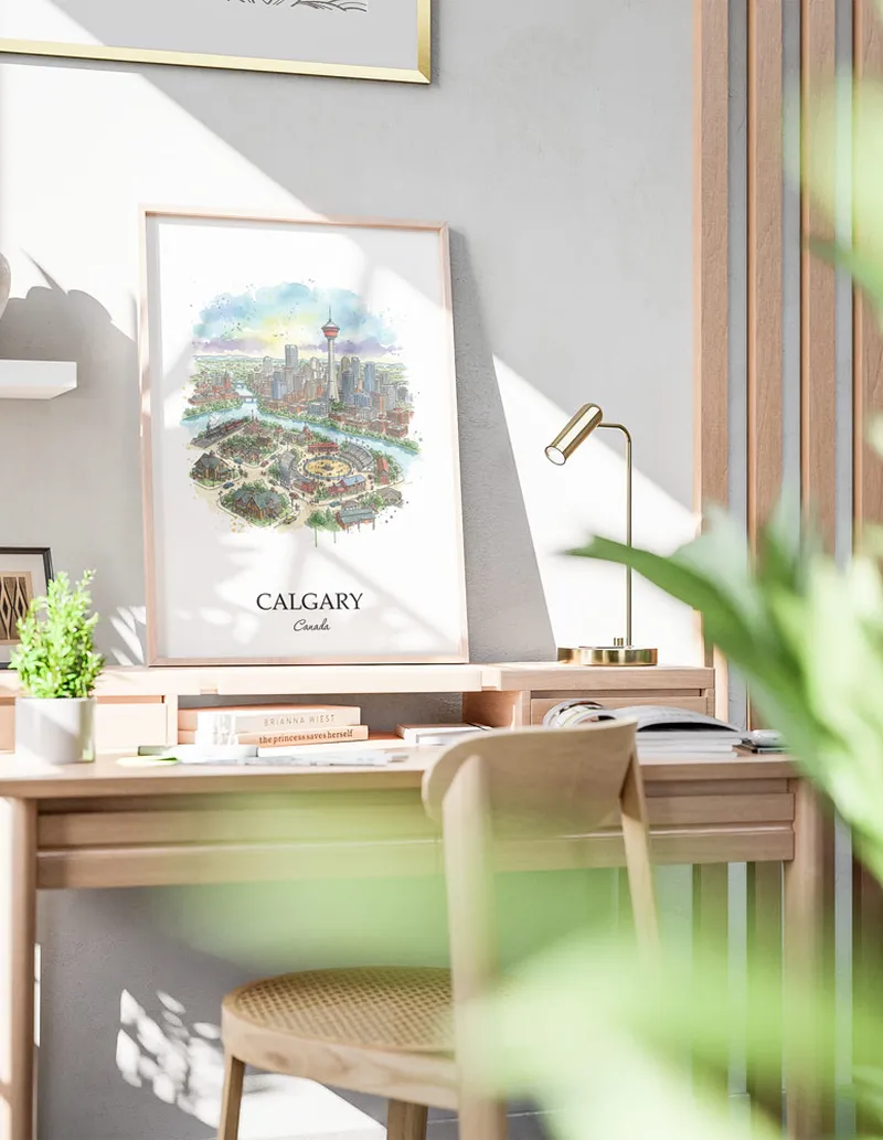 Cozy, well-lit workspace with a minimalist poster of Calgary, Canada in a light frame sitting on the desk.