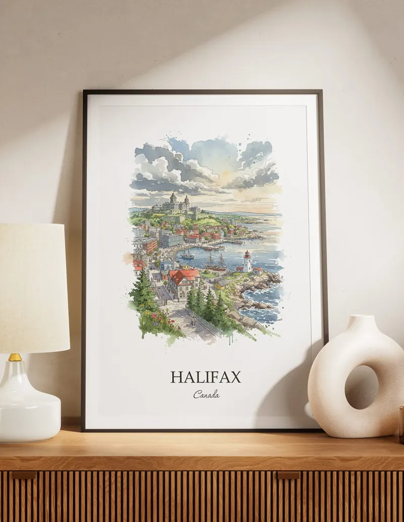 A lovely interior preview showcasing a vintage-vibe travel poster design of the scenic Halifax city.