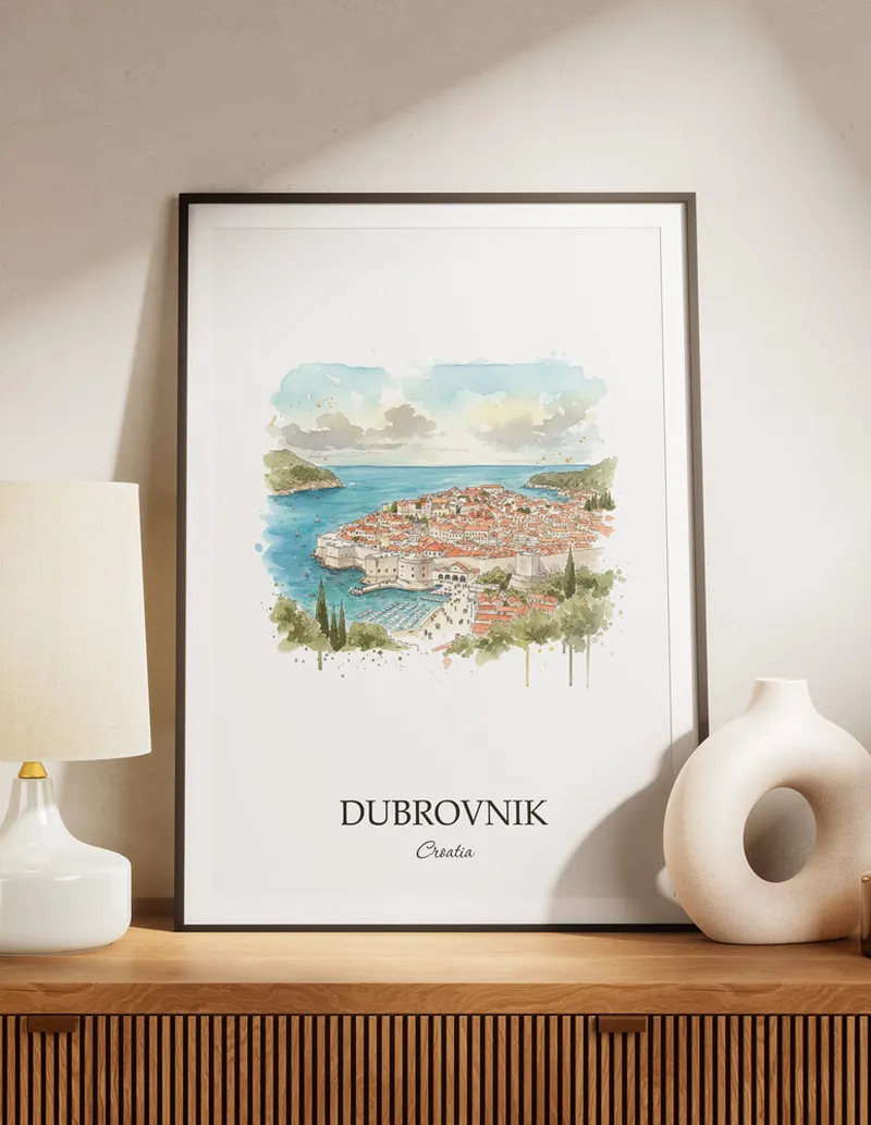 A lovely interior preview showcasing a vintage-vibe travel poster design of the scenic Dubrovnik city.
