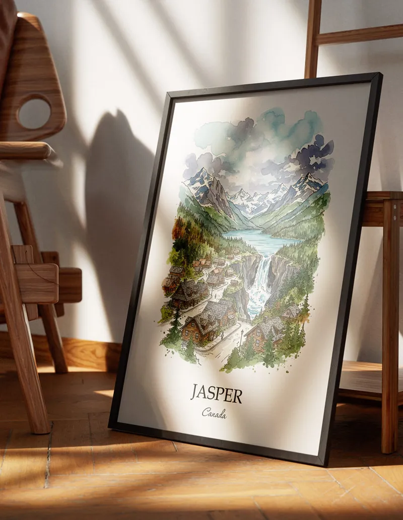 Minimalist poster of Jasper city in Canada in a light frame standing on the floor in a dark moody interior.