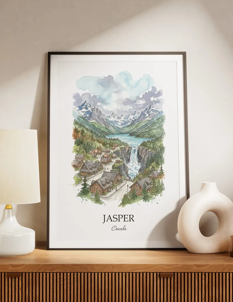 A lovely interior preview showcasing a vintage-vibe travel poster design of the scenic Jasper city.