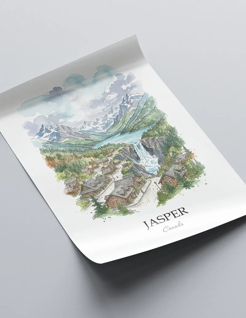 A close-up of a high-quality paper print featuring the Jasper city minimalist design.
