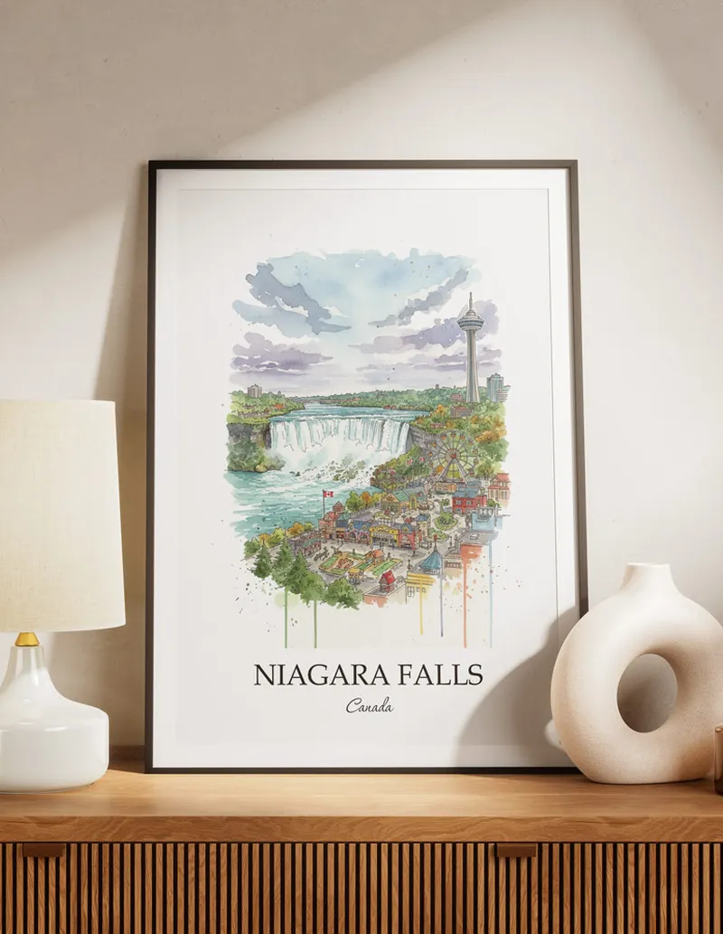 A lovely interior preview showcasing a vintage-vibe travel poster design of the scenic Niagara Falls city.
