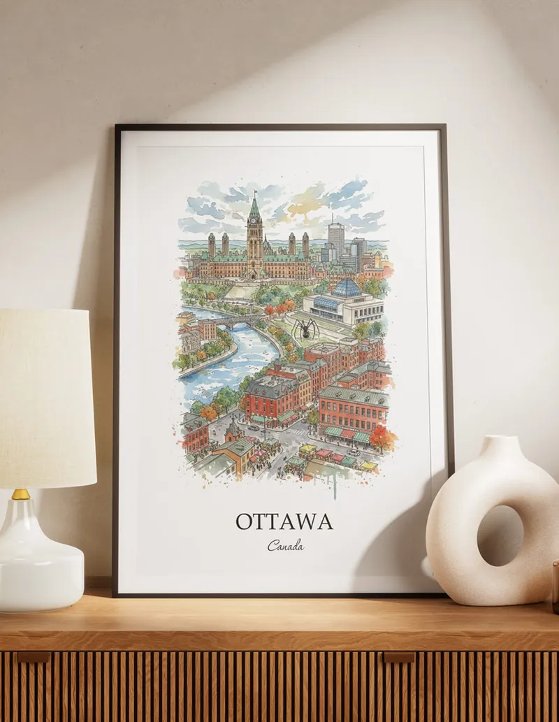 A lovely interior preview showcasing a vintage-vibe travel poster design of the scenic Ottawa city.
