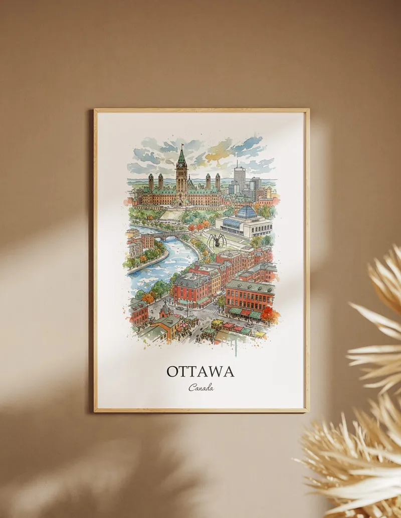 A clean and modern mockup showing a framed Ottawa city print on a minimalist background.