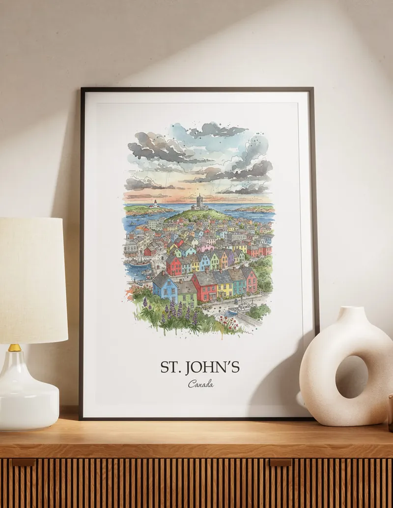 A lovely interior preview showcasing a vintage-vibe travel poster design of the scenic St. John's city.