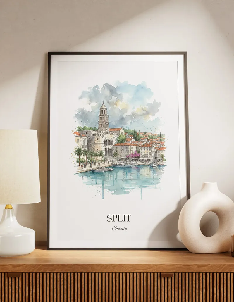 A lovely interior preview showcasing a vintage-vibe travel poster design of the scenic Split city.