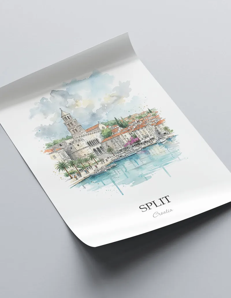 A close-up of a high-quality paper print featuring the Split city minimalist design.