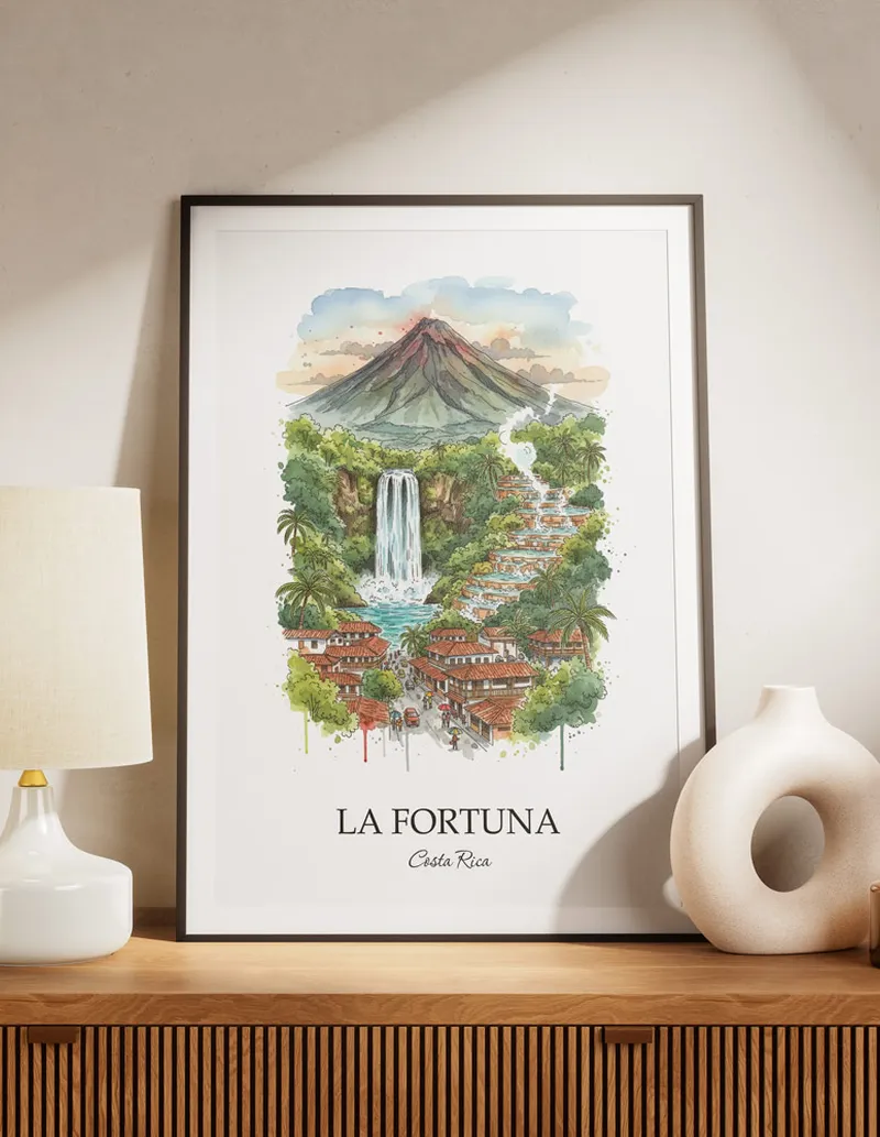 A lovely interior preview showcasing a vintage-vibe travel poster design of the scenic La Fortuna city.