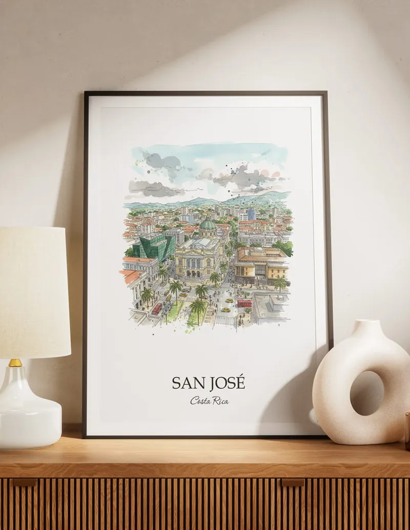 A lovely interior preview showcasing a vintage-vibe travel poster design of the scenic San José city.