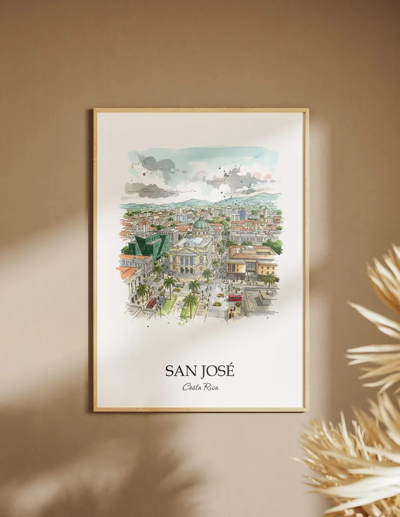 A clean and modern mockup showing a framed San José city print on a minimalist background.