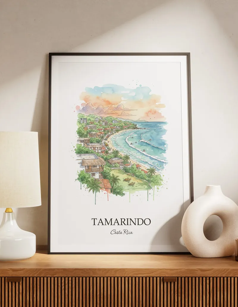 A lovely interior preview showcasing a vintage-vibe travel poster design of the scenic Tamarindo city.