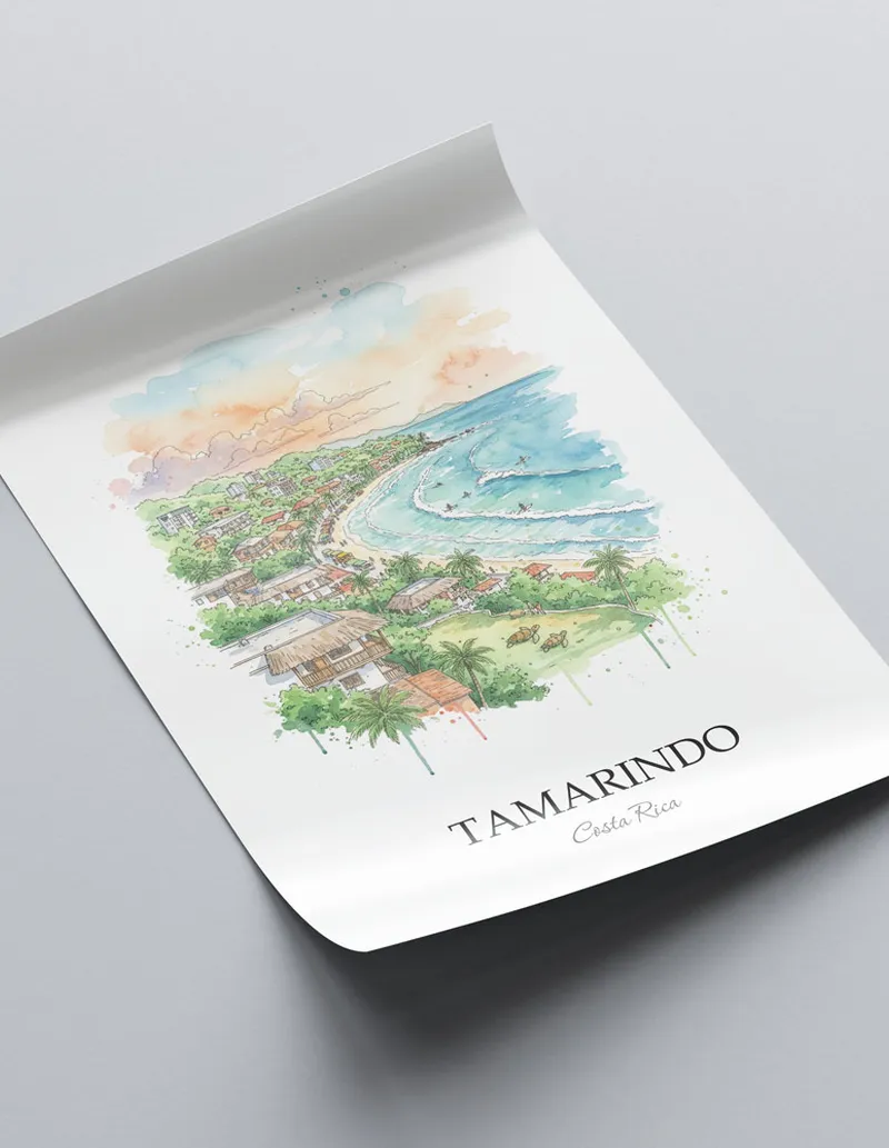 A close-up of a high-quality paper print featuring the Tamarindo city minimalist design.