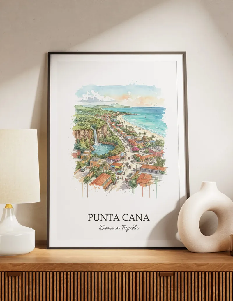 A lovely interior preview showcasing a vintage-vibe travel poster design of the scenic Punta Cana city.
