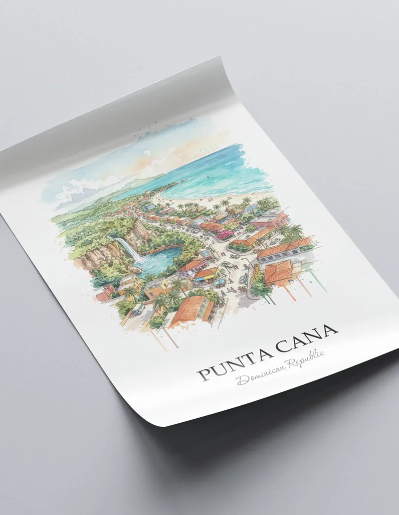 A close-up of a high-quality paper print featuring the Punta Cana city minimalist design.