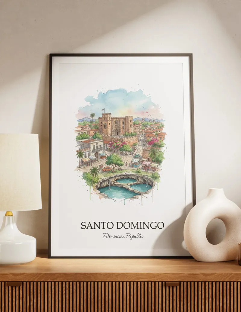 A lovely interior preview showcasing a vintage-vibe travel poster design of the scenic Santo Domingo city.
