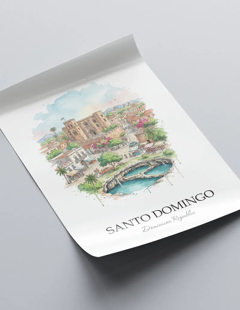A close-up of a high-quality paper print featuring the Santo Domingo city minimalist design.