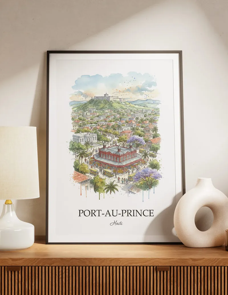 A lovely interior preview showcasing a vintage-vibe travel poster design of the scenic Port-au-Prince city.