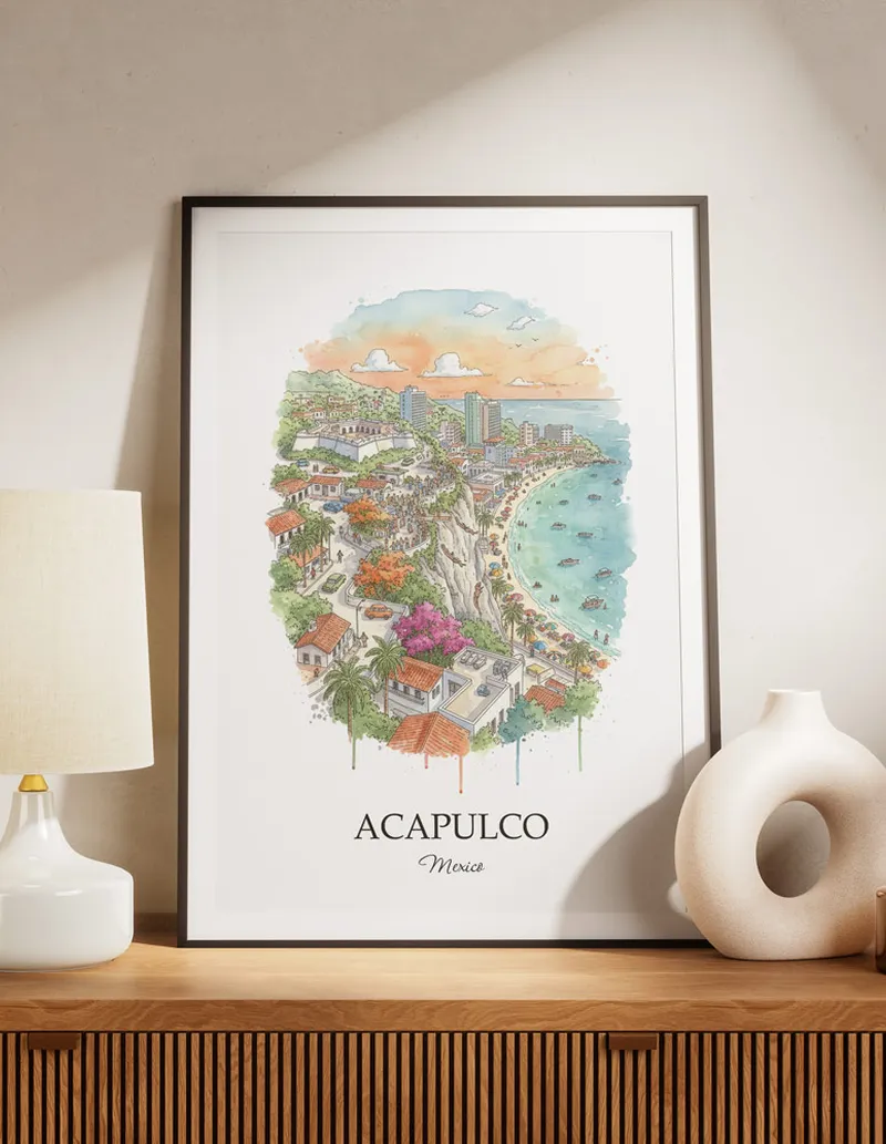 A lovely interior preview showcasing a vintage-vibe travel poster design of the scenic Acapulco city.