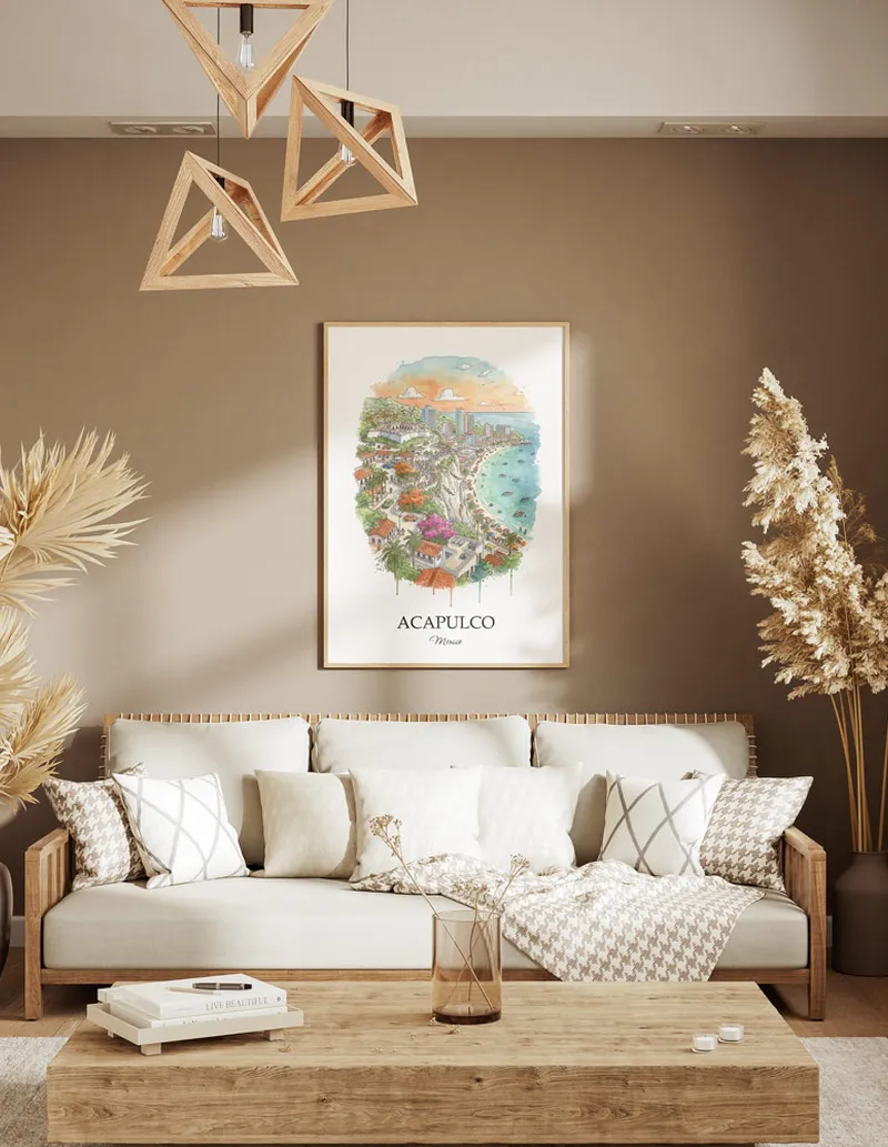 A gorgeous boho-inspired living space with a framed vintage travel poster of Acapulco city on display.