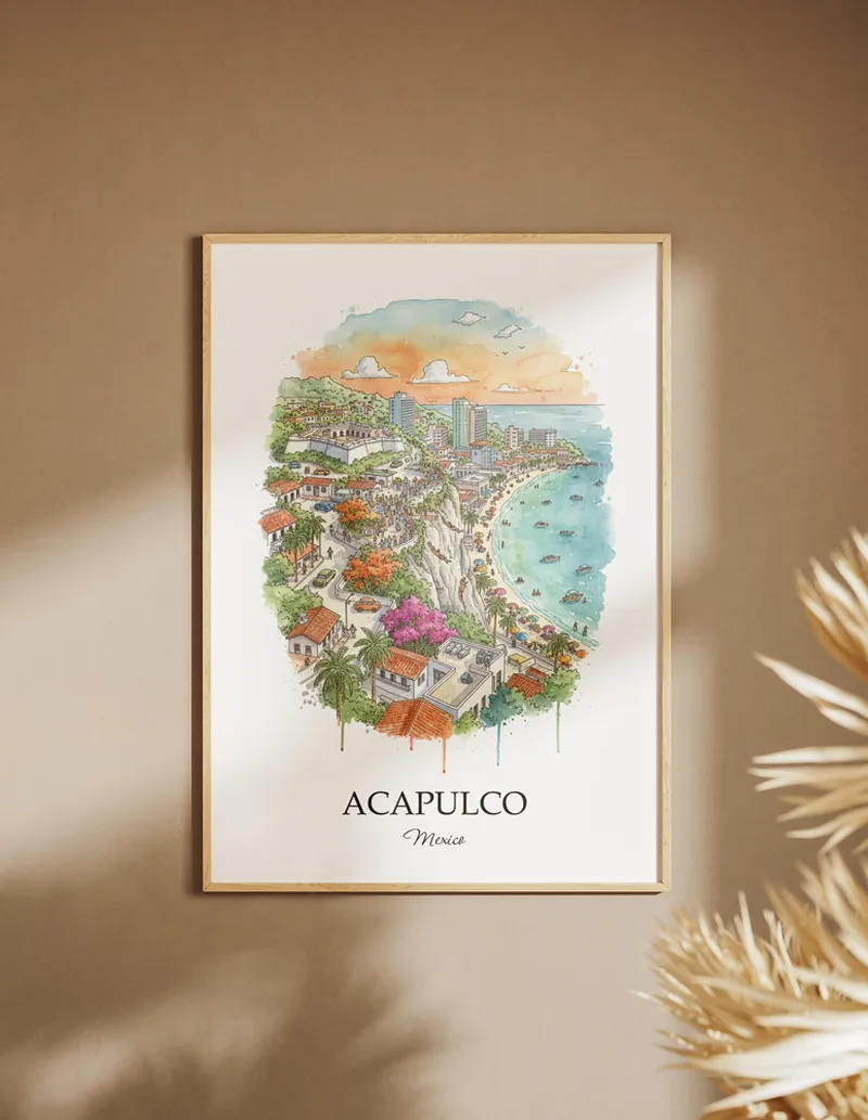 A clean and modern mockup showing a framed Acapulco city print on a minimalist background.