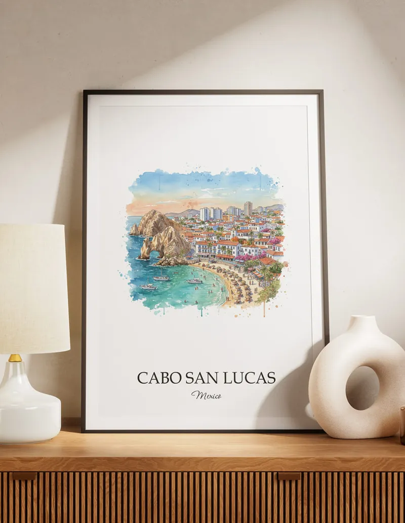A lovely interior preview showcasing a vintage-vibe travel poster design of the scenic Cabo San Lucas city.