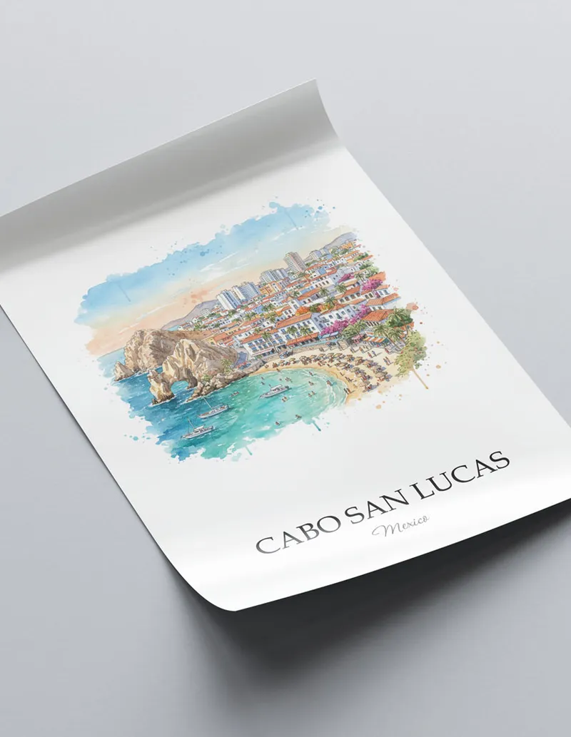 A close-up of a high-quality paper print featuring the Cabo San Lucas city minimalist design.