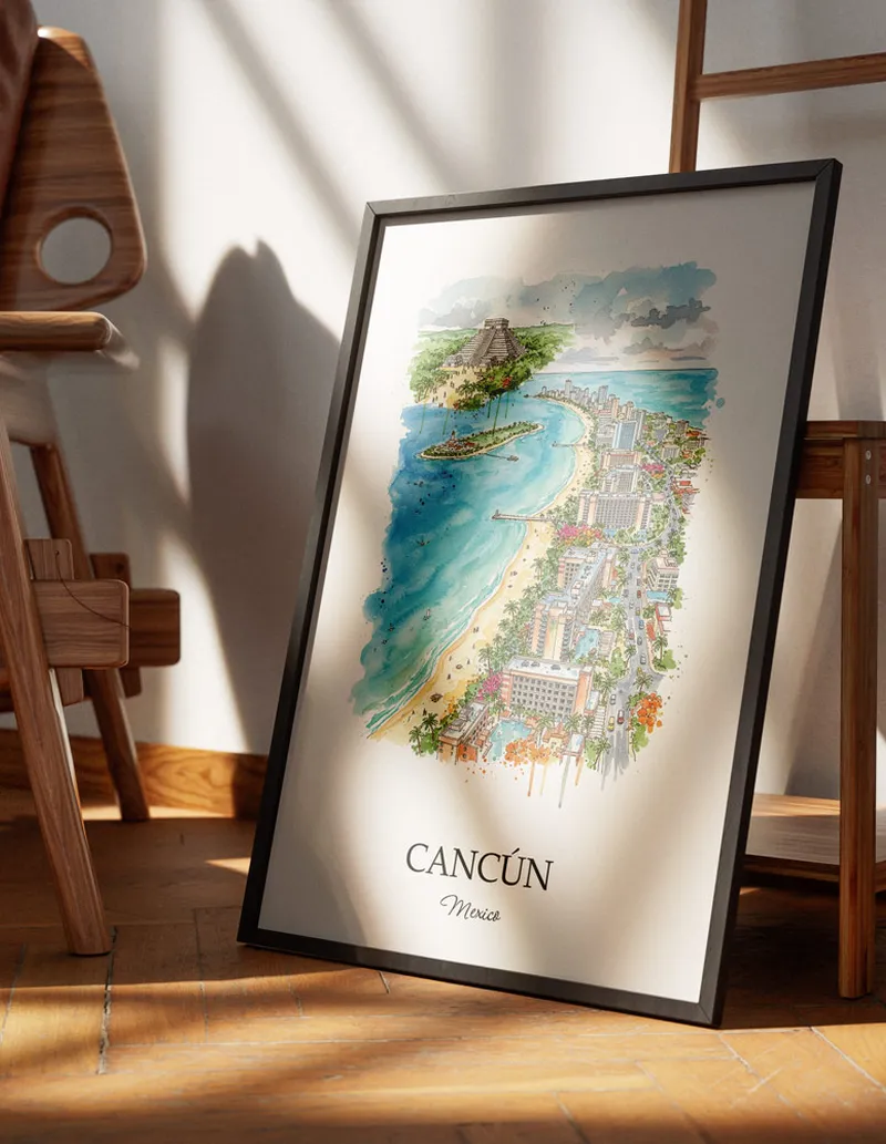 Minimalist poster of Cancún city in Mexico in a light frame standing on the floor in a dark moody interior.