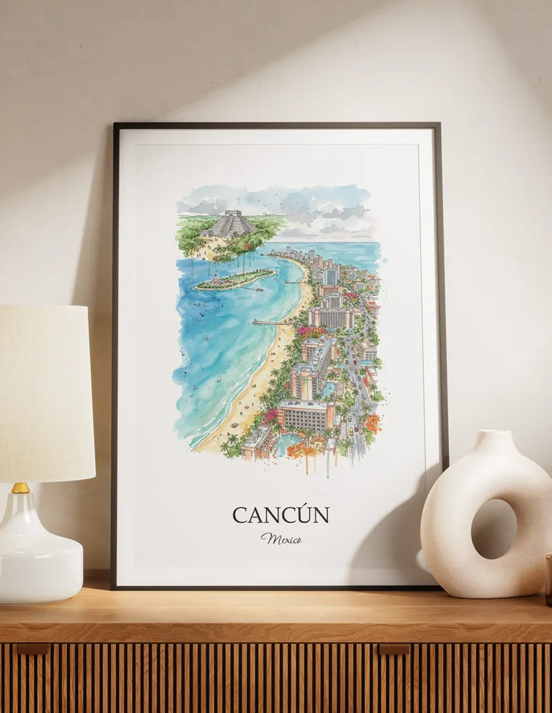 A lovely interior preview showcasing a vintage-vibe travel poster design of the scenic Cancún city.