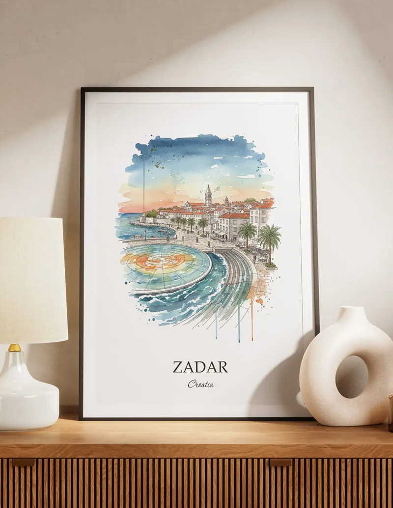 A lovely interior preview showcasing a vintage-vibe travel poster design of the scenic Zadar city.
