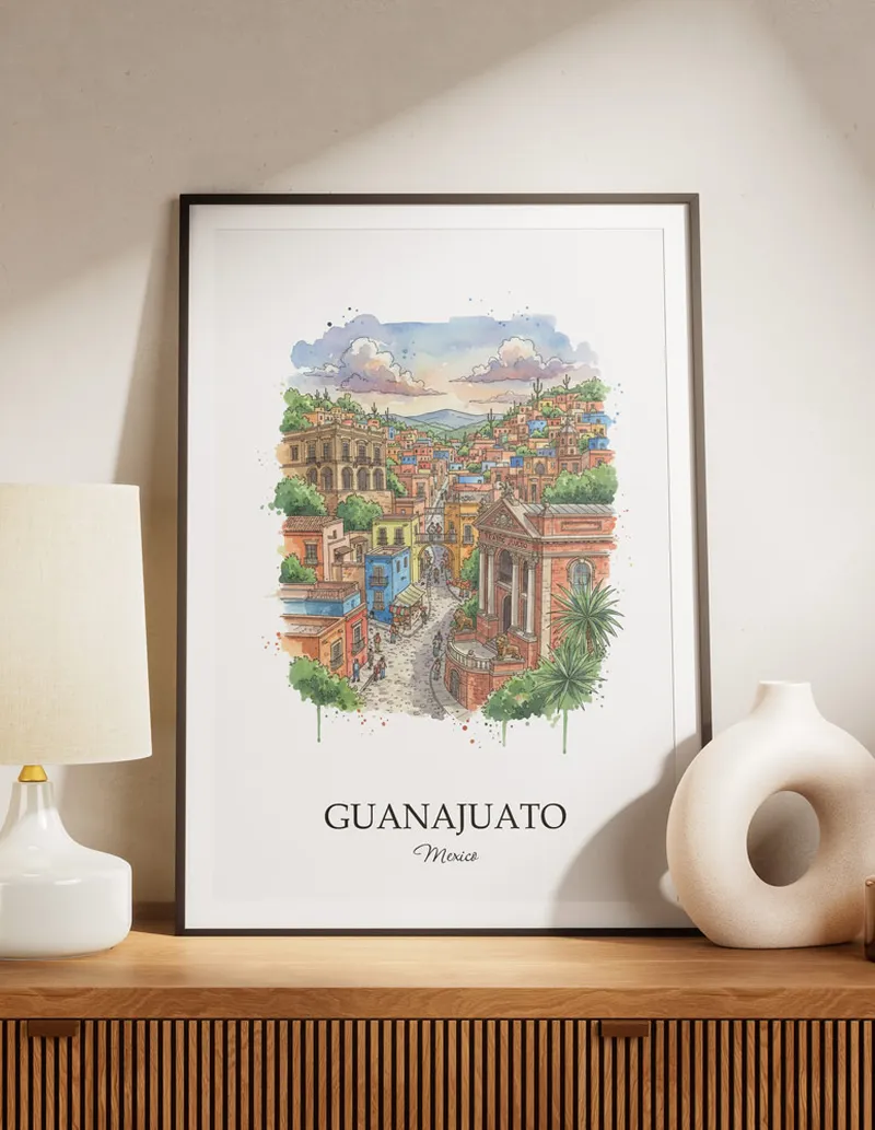 A lovely interior preview showcasing a vintage-vibe travel poster design of the scenic Guanajuato city.