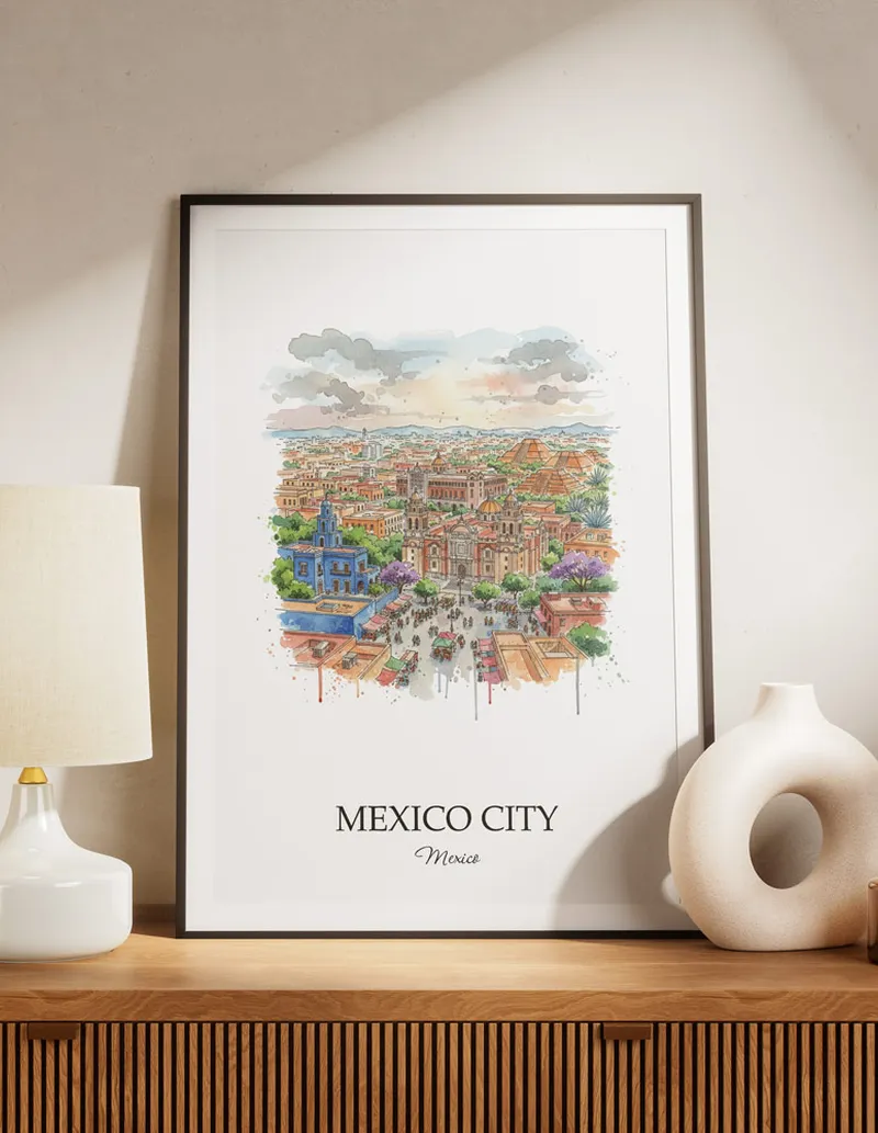 A lovely interior preview showcasing a vintage-vibe travel poster design of the scenic Mexico City city.