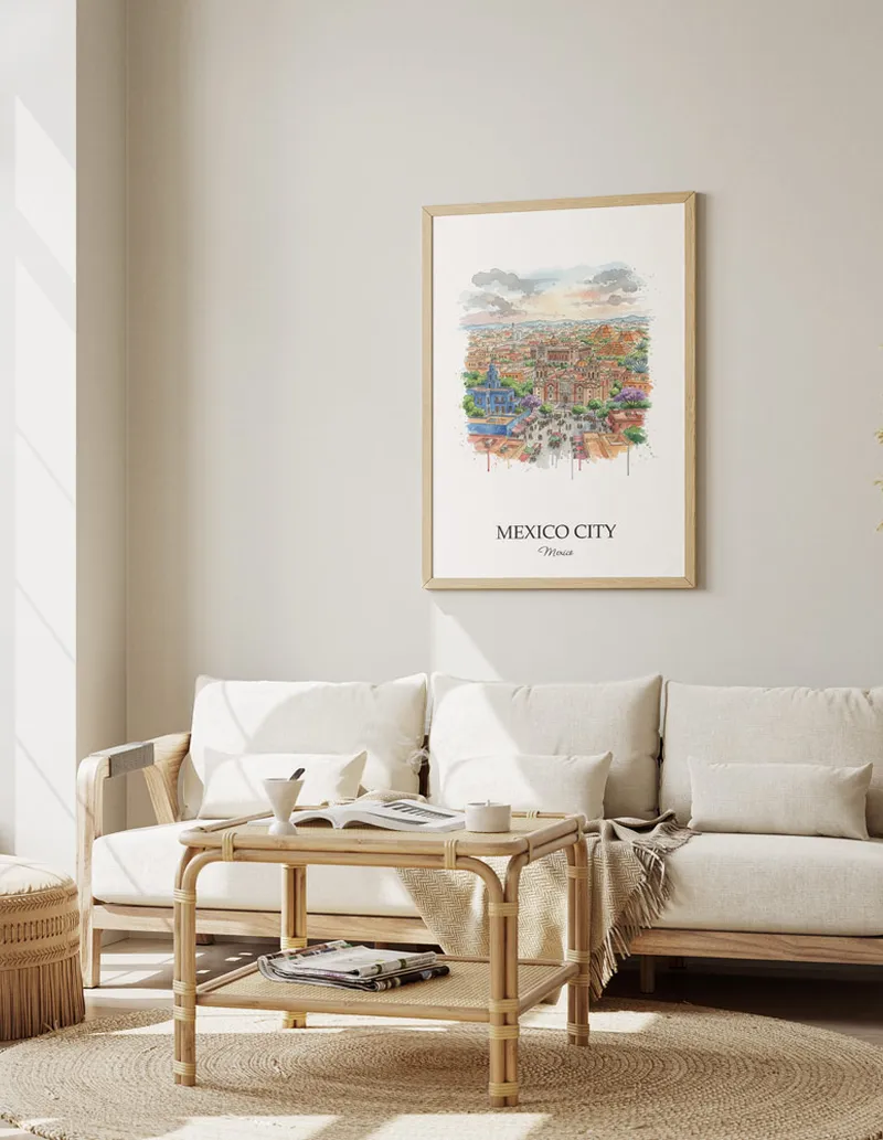 Framed wall art featuring Mexico City, Mexico in a light wood frame hanging above a sofa in a modern living room.