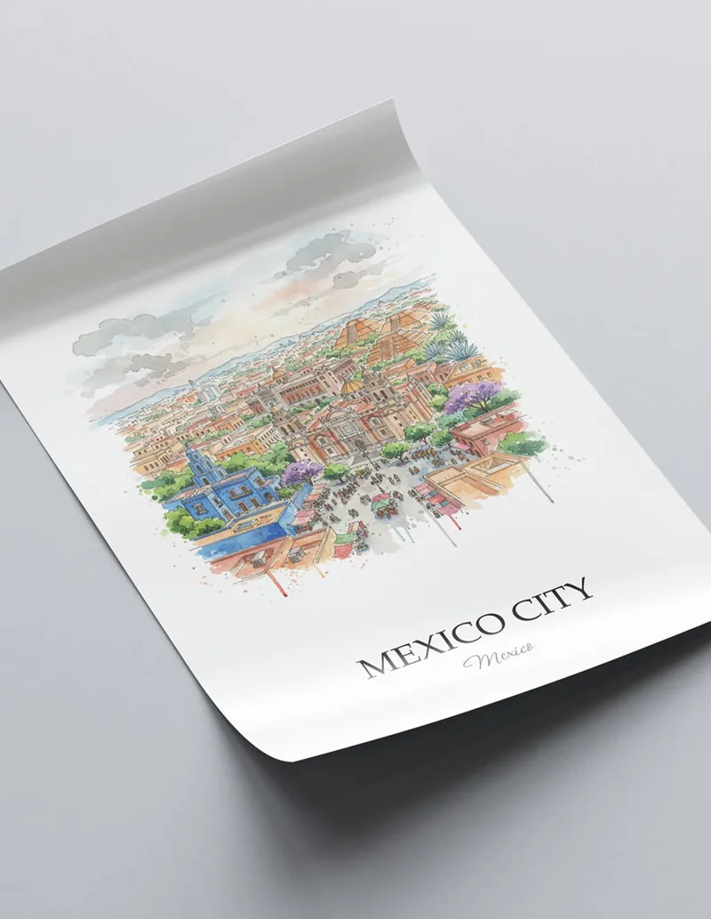 A close-up of a high-quality paper print featuring the Mexico City city minimalist design.